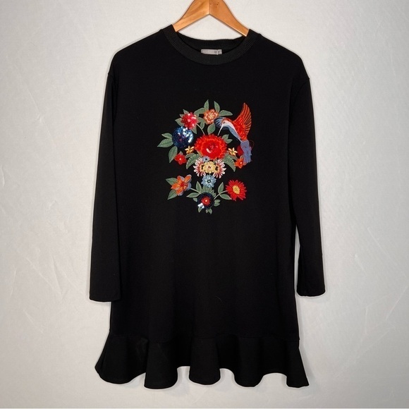 NWT! ZARA Floral Embroidered Hummingbird Ruffle Hem Long Sleeve Dress. Size S - Picture 3 of 12